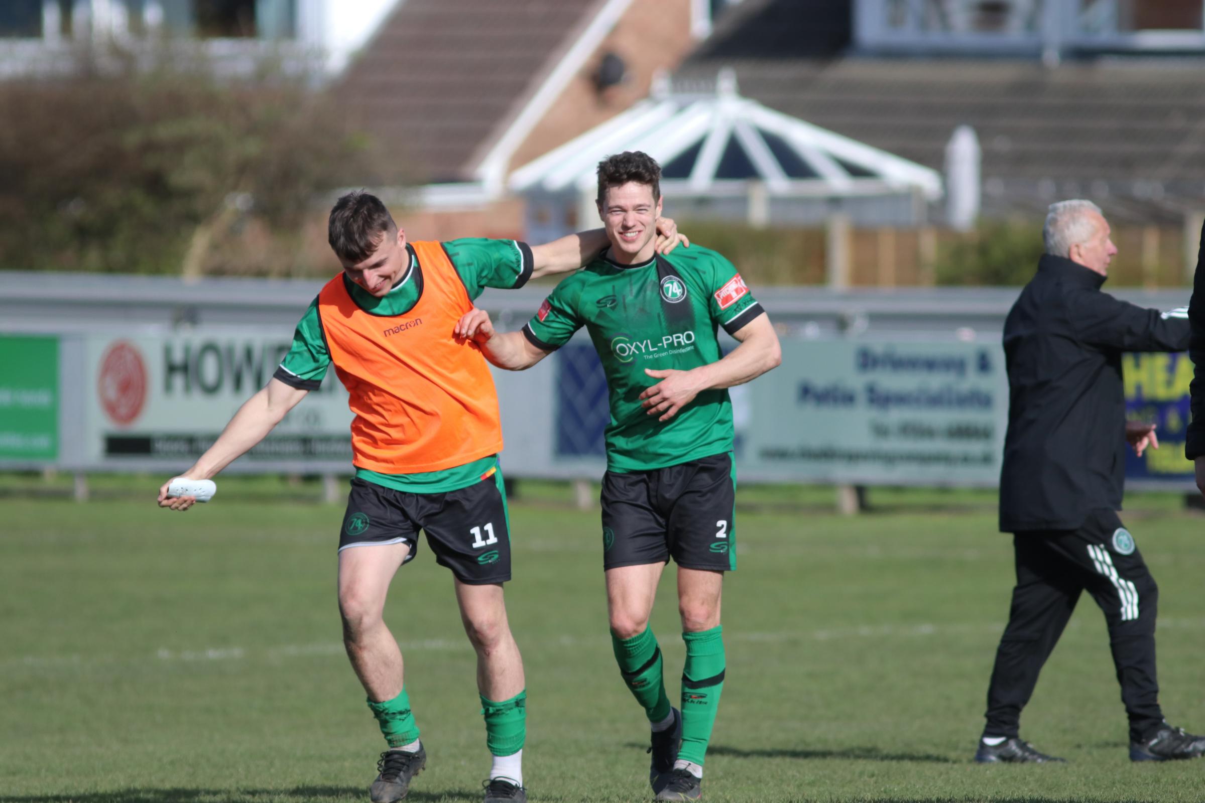 Jack Irlam with Mike Koral after the final whistle, 1874 Northwich 7 Market Drayton Town 0. Pictures: Xenia Simpson Photography